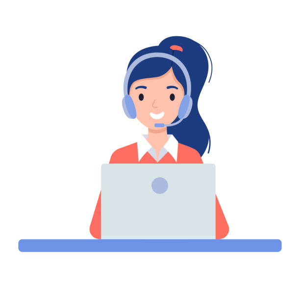 Girl in headphones sitting with a laptop. Girl in the headphones. Customer support center via phone. Mail operator service icons concept. Vector illustration in flat style receptionist stock illustrations