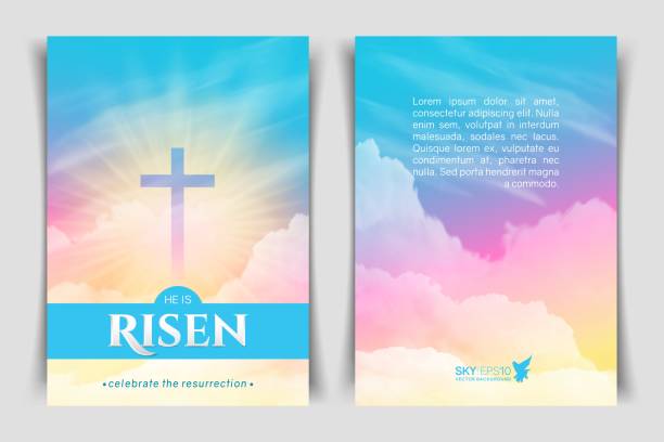 ilustrações, clipart, desenhos animados e ícones de desenho religioso cristão para celebração da páscoa. pôster vertical vetorial. - blue jesus christ christianity easter