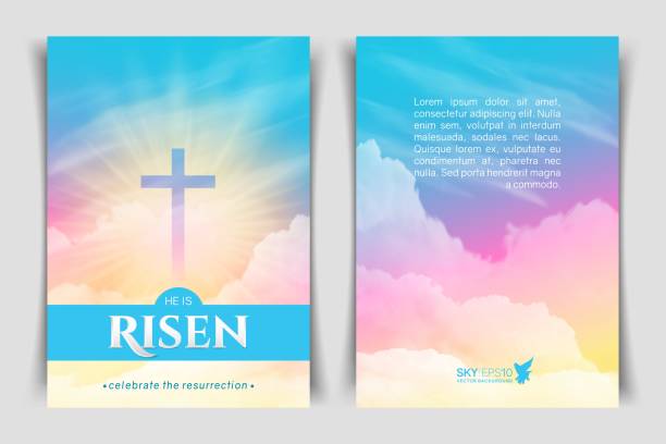 Christian religious design for Easter celebration. Vector vertical poster. Christian religious design for Easter celebration. Two-sided vertical flyer. Text: He is risen, shining Cross and heaven with white clouds. heaven and jesus drawing stock illustrations