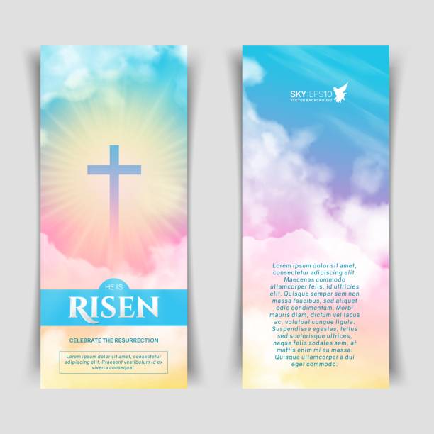 Christian religious design for Easter celebration. Narrow vertical banners Christian religious design for Easter celebration. Narrow vertical vector banners. Text: He is risen, shining Cross and heaven with white clouds. heaven and jesus drawing stock illustrations