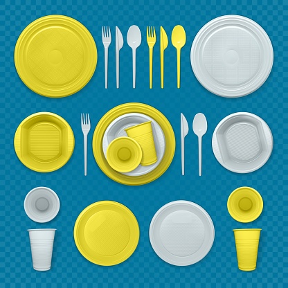 Set of realistic yellow and white plastic dishes