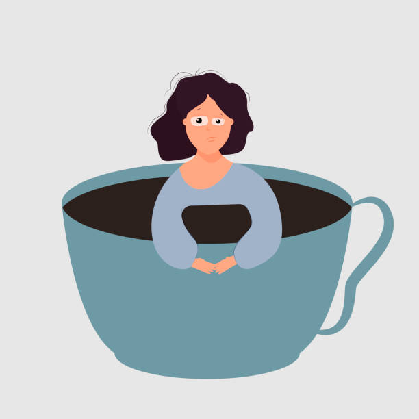 ilustraciones, imágenes clip art, dibujos animados e iconos de stock de mujer dormidera en una taza con una copa. concepto de adicción al café. despertar temprano. vector. estilo de dibujos animados planos. aislado sobre fondo blanco - dependency caffeine tired women