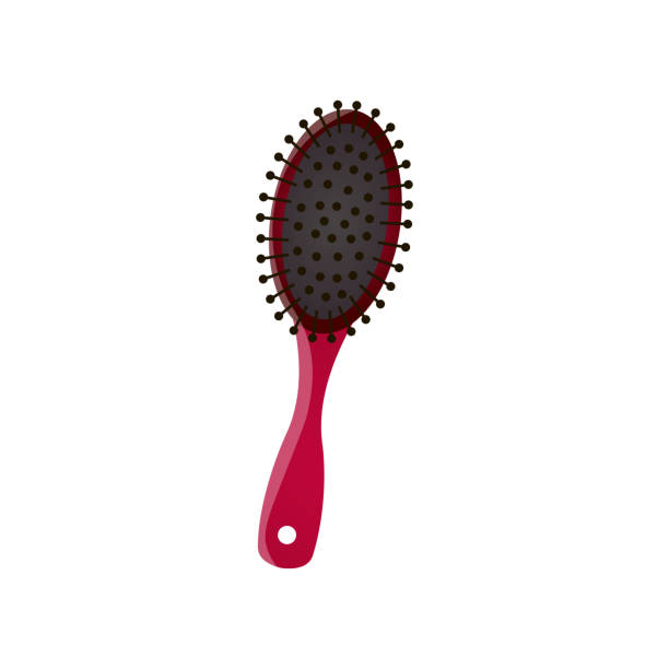 Cartoon trendy style plastic hair brush with red handle isolated on white background Cartoon trendy style plastic hair brush for styling with red handle isolated on white background. Natural and nylon bristle. Professional salon accessory. Barber shop implement logo design inspiration hairbrush stock illustrations