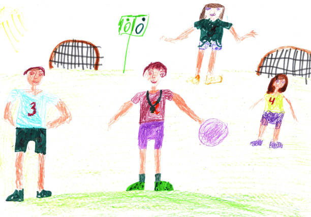 illustrazioni stock, clip art, cartoni animati e icone di tendenza di disegno bambino di una famiglia sportiva felice che gioca a calcio.stile di vita sano attivo. arte a matita in stile infantile. - drawing child childs drawing family