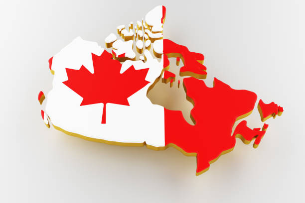 mapa da fronteira terrestre do canadá com bandeira. mapa do canadá em fundo branco. renderização 3d - saskatchewan flag canada banner - fotografias e filmes do acervo
