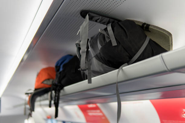 istock Backpacks lying on the shelf in the train 1210296055