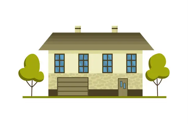Vector illustration of Modern country home for booking and living. House exterior vector illustration front view with roof. Home facade with door and windows. Modern town house cottage. Real estate building icon