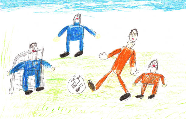 ilustraciones, imágenes clip art, dibujos animados e iconos de stock de dibujo infantil de una familia de deportes feliz jugando soccer.active estilo de vida saludable. arte del lápiz en estilo infantil - dibujo de niño