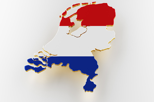 3D map of Netherlands. Map of Netherlands land border with flag. Netherlands map on white background. 3d rendering