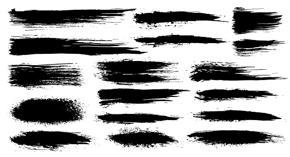 Vector set of grunge artistic brush strokes, brushes. Creative design elements. Grunge watercolor wide brush strokes. Black collection isolated on white background.