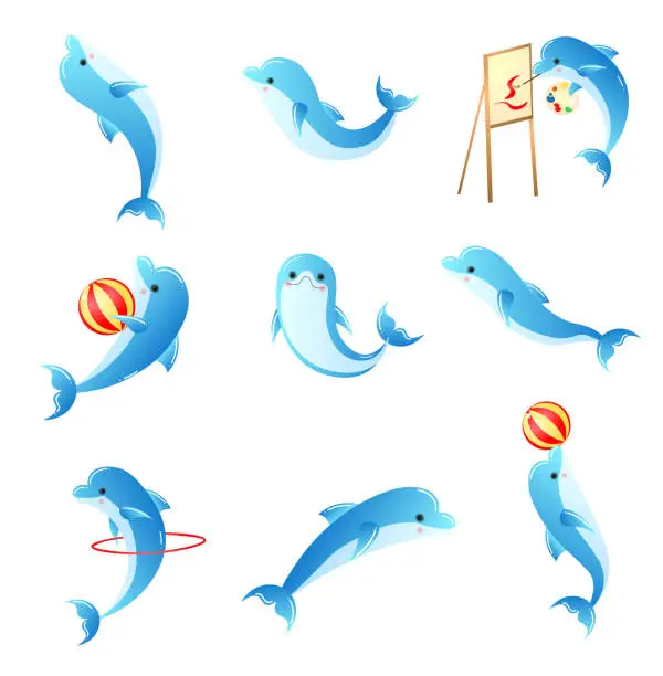 Vector illustration of Set of cartoon small blue dolphins with different activities