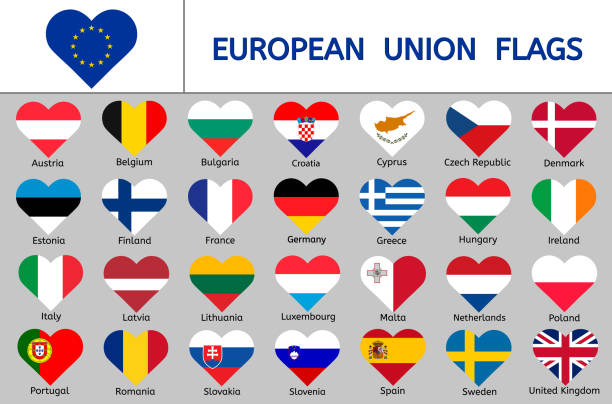 ilustrações, clipart, desenhos animados e ícones de conjunto de bandeiras da união europeia, ícones do coração, bandeiras dos países europeus - european union flag flag european community interface icons