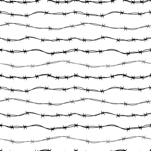 Vector illustration of Strait tangled barbed wire, black silhouette seamless pattern on white