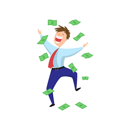 Delighted, excited, happy businessman jumping in money rain isolated on white background. Employee hits jackpot Good fortune, success, enrichment, luck and wealth concept