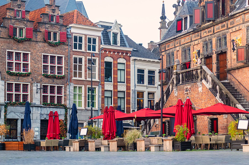 The central historic square with bars and restaurants in the ancient Dutch city center of Nijmegen