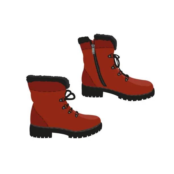 Vector illustration of Winter, autumn, hiking boots or boots on the left and right foot. Vector illustration isolated on a white background. Soldier flat shoes.