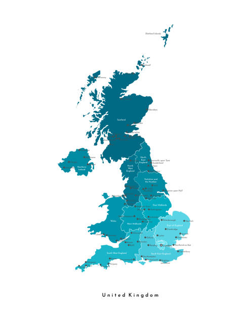 illustrations, cliparts, dessins animés et icônes de illustration isolée moderne de vecteur. carte administrative simplifiée du royaume-uni de grande-bretagne et d’irlande du nord (royaume-uni). formes bleues. noms des grandes villes et régions spme. fond blanc - uk map regions england