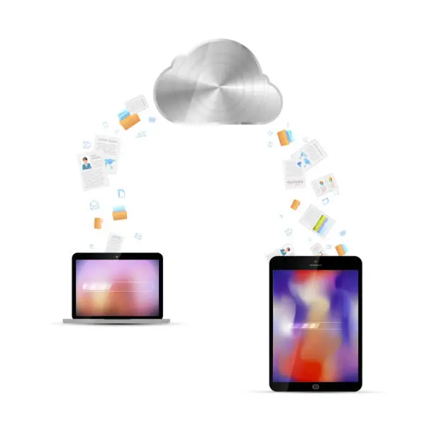 Vector illustration of File transfer between tablet and desktop via cloud service, technology illustration isolated on white