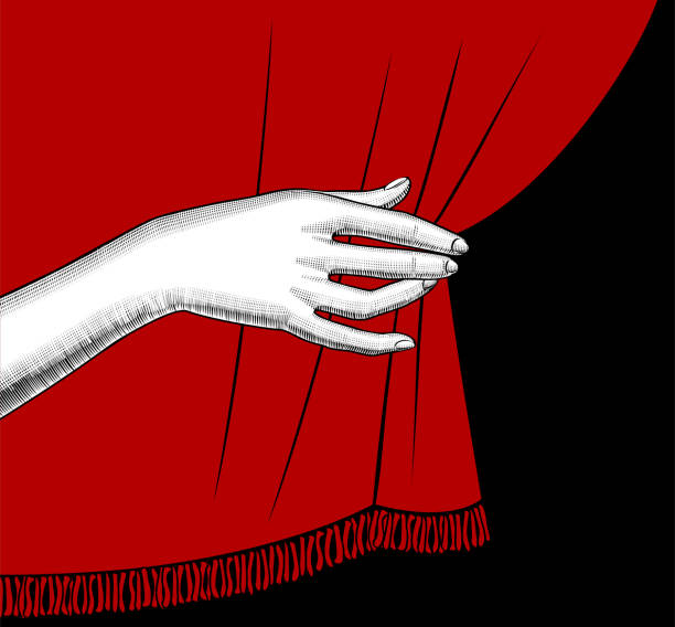 Female hand pulling aside the red curtain on black background Female hand pulling aside the red curtain on black background. Vintage engraving stylized drawing. Retro concept poster and banner. Vector illustration theatrical performance illustrations stock illustrations