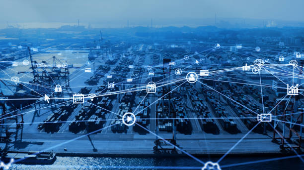 Industrial technology concept. Container terminal. Logistics. Communication network. INDUSTRY 4.0. Factory automation.