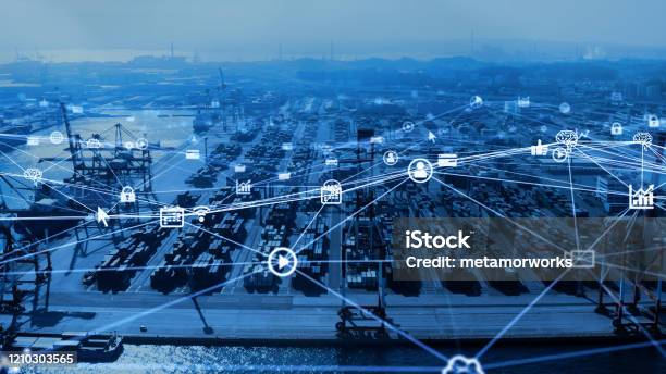 Industrial Technology Concept Container Terminal Logistics Communication Network Industry 40 Factory Automation Stock Photo - Download Image Now