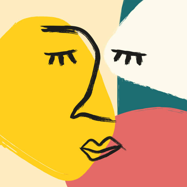 istock Sketch of a face on an abstract colored background painted with a rough brush. Minimalistic watercolor poster. Stylish modern vector illustration. 1210304169