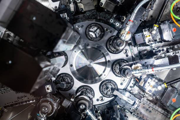Mechanical industry machinery: inside of a modern multi-spindle CNC lathe machine