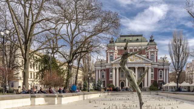 Time lapse of city garden & Ivan Vazov National Theatre in Sofia, Bulgaria