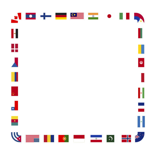 viele flaggen souveräner staaten in quadratischem rahmen auf weißem hintergrund angeordnet - argentina qatar stock-grafiken, -clipart, -cartoons und -symbole