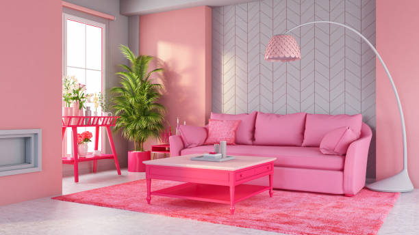 salon rose pastel avec sofa et meubles - beautiful red pink wood photos et images de collection
