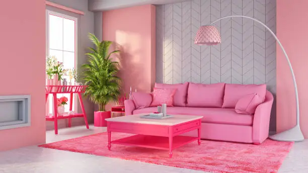 Pastel Pink Living Room with Sofa and Furniture. 3d Render