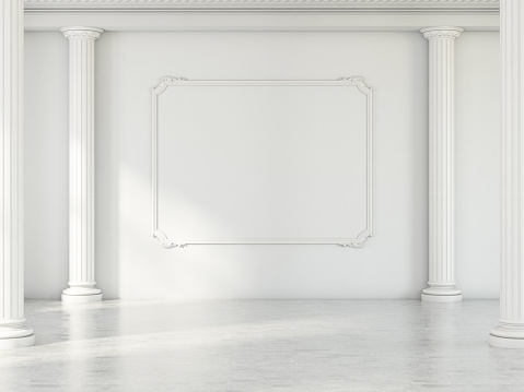 Empty Frame in Light Room with Classic Columns. 3d Render