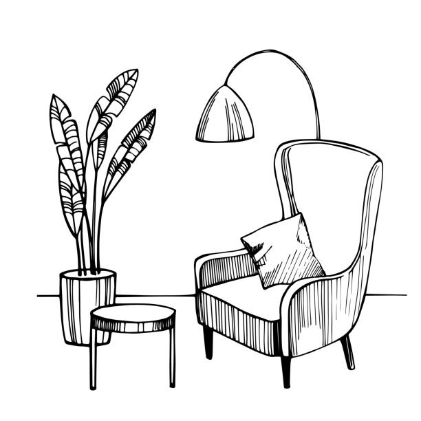 Interior of living room. Vector sketch  illustration. Hand drawn interior of living room. Vector sketch  illustration. sofa illustrations stock illustrations