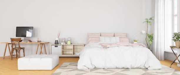 istock Panoramic View of Cozy Open Bedroom with Workspace 1210309238