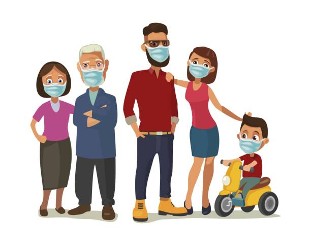 familie in blauen medizinischen masken. farbe flache vektor-illustration - reagenzgläser bunt stock-grafiken, -clipart, -cartoons und -symbole