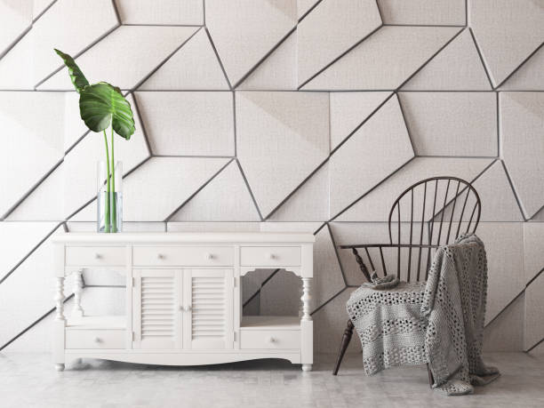 istock Interior with Chair Blanket and Geometric Wall 1210310453