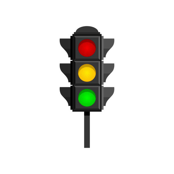 흰색 배경에 격리 된 빨간색, 노란색 및 녹색 램프가있는 신호등 - stoplight stock illustrations