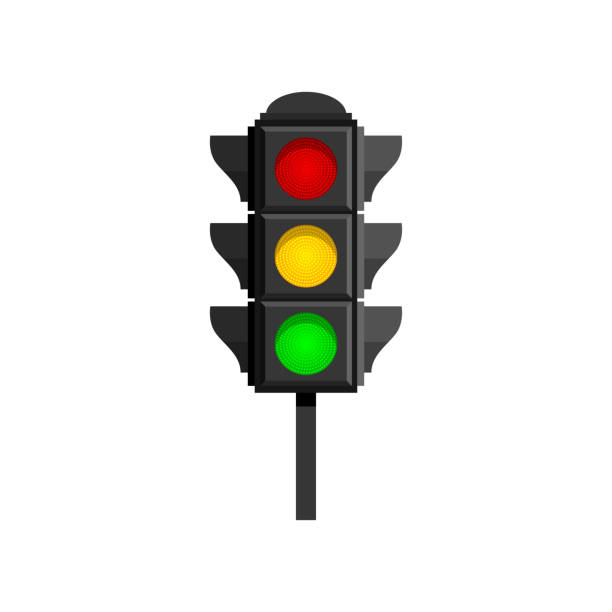 Traffic lights with red, yellow and green lamps on isolated on white background Traffic lights with red, yellow and green lamps on for drivers isolated on white background. Flashing signal with clipping path. Semaphore design. City traffic concept stoplight stock illustrations
