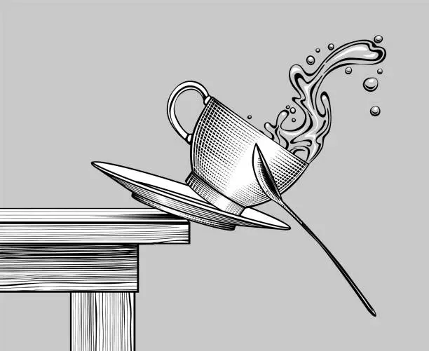 Vector illustration of Coffee cup falling from the table with a saucer and spoon and liquid spilling