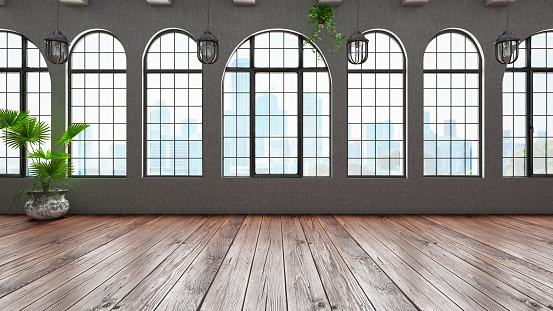 Empty Loft Warehouse Interior with Windows. 3d Render