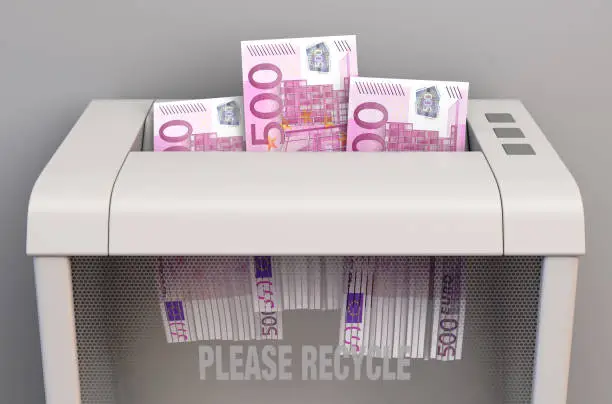 A regular office paper shredder in the process of shredding three euro bank notes on an isolated background - 3D render