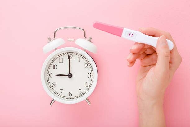 junge frau hand halten test mit zwei streifen. positives ergebnis. beginn der schwangerschaftszeit. closeup. standpunkt geschossen. weißer wecker auf pastell rosa tisch hintergrund. ansicht von oben nach unten. - pregnancy test human pregnancy medical test human fertility stock-fotos und bilder