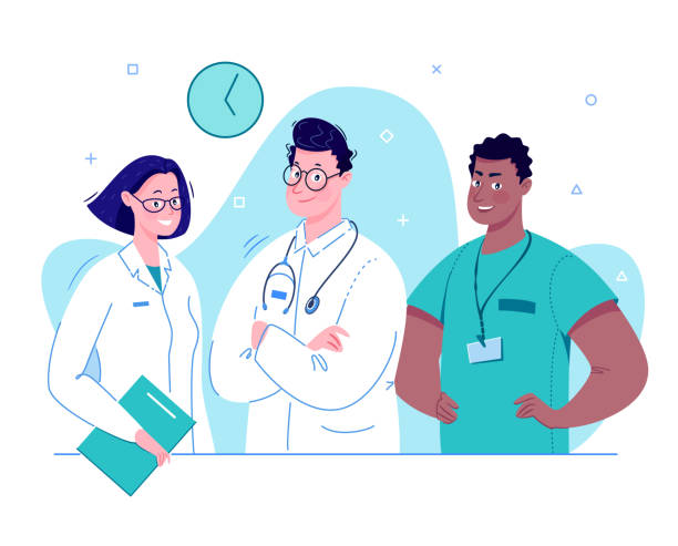 The team of doctors. The team of doctors. Vector illustration in a flat cartoon style. doctor illustrations stock illustrations