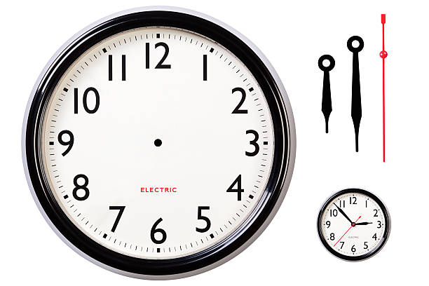 Blank clock face and hands Photo of a blank electric clock face with arabic numerals plus hour, minute and second hands to make your own time, centre dot for hand placement and I've also included a small version of the original for guidance. Clipping path included for clock. clock face stock pictures, royalty-free photos & images