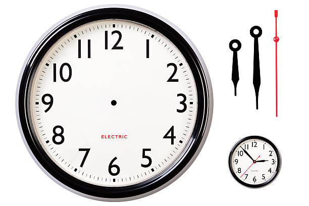 Blank clock face and hands Photo of a blank electric clock face with arabic numerals plus hour, minute and second hands to make your own time, centre dot for hand placement and I've also included a small version of the original for guidance. Clipping path included for clock. clock hand stock pictures, royalty-free photos & images