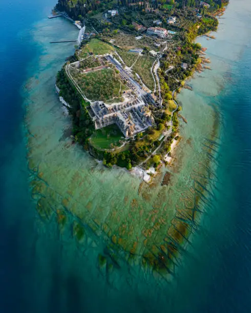 Italy Sirmione Lake of Garda Aerial Drone View Grottoes of Catullus