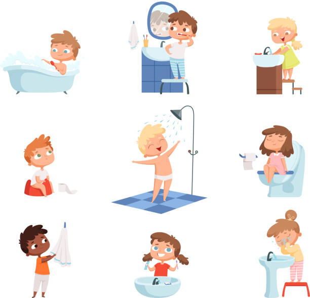 Washing kids. Brushing teeth toilet hygiene soap for childrens daily routine vector set Washing kids. Brushing teeth toilet hygiene soap for childrens daily routine vector set. Illustration morning bathing children, hygiene daily bathtub illustrations stock illustrations