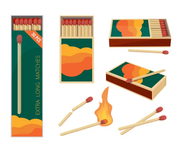 Vector illustration of Matches cartoon. Fire symbols dangerous wooden matches safety matchstick in box burning flame vector collection