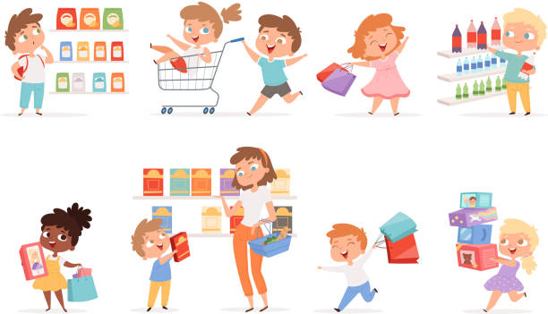 Grocery kids. Parents with children shopping purchase products and toys vector cartoon pictures Grocery kids. Parents with children shopping purchase products and toys vector cartoon pictures. Woman with kid buy purchase, product shopping goods illustration supermarket family retail cable car stock illustrations