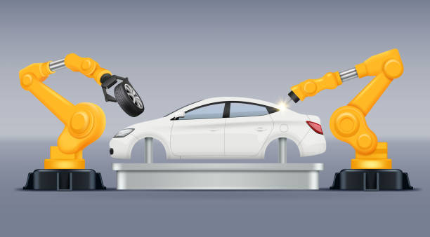 istock Industry conveyor. Vehicle production manufacturing processes robotic arms helping car production vector automotive works 1210320370